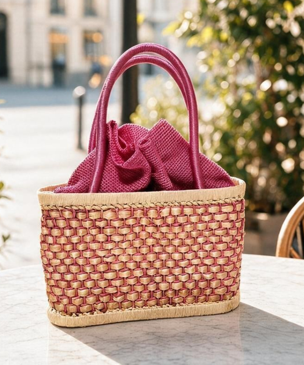 The Sak Pink Woven Straw Basket Tote Knit Drawstring Purse Handbag Women Boho